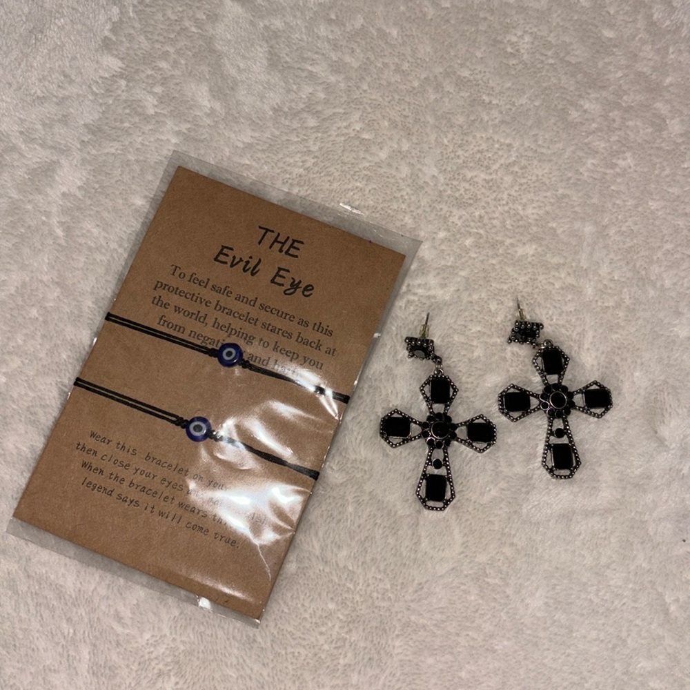 Bundled: Gemmed chunky cross earrings and evil eye matching bracelets (unopened)